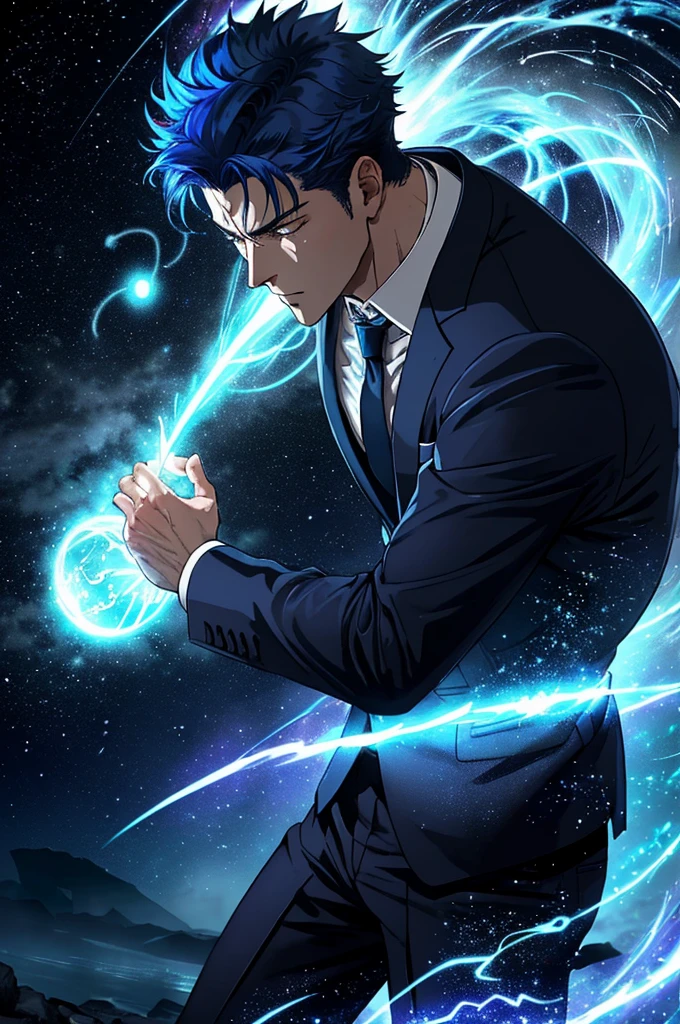 A hyper-detailed, ultra-realistic image of a powerful male anime protagonist with striking blue hair, standing tall and confident in a well-fitted navy blue suit. He is in the midst of using his magical teleportation powers, with energy swirling around him in a dynamic, electrifying aura. The scene is set in a grand, mystical landscape with ancient ruins and glowing symbols etched into the stone. The character is strong and muscular, with a calm yet intense expression, his eyes glowing with power. The environment is rich in details, from the ethereal mist hovering around the ground to the vibrant, magical energy crackling in the air. His suit is perfectly tailored, with subtle patterns reflecting the light, adding to the overall sense of power and control. Magical, Ambient Lighting: Use soft, ambient lighting with a magical glow emanating from the character’s powers. The light should be dynamic, casting subtle reflections on his suit and illuminating the surrounding mystical landscape. The energy from his teleportation should create a vibrant contrast against the darker, ancient ruins, adding depth and atmosphere to the scene. Low Angle Shot: The camera should be positioned slightly below the character, looking up to emphasize his power and presence. This angle will make him appear even more dominant and majestic, highlighting his strong physique and the energy surrounding him.
Wide Shot with Motion Elements: A wide shot should capture both the character and the rich details of the environment. Include subtle motion blur around the edges of his teleportation effect to emphasize the dynamic and supernatural aspects of his powers, adding to the overall realism and impact of the image.