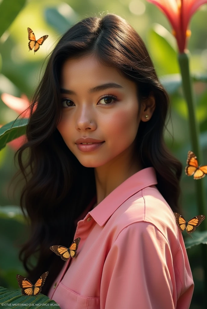 A Brazilian woman, black hair, white color, clear eyes in a tropical garden, wearing a closed pink shirt, no cleavage, and the natural flowers, showing her beauty and caring personality, with butterflies 