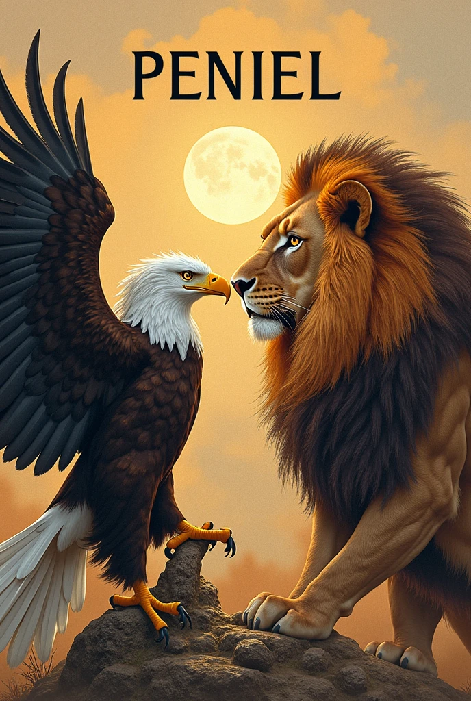 Eagle and lion facing each other and the word PENIEL written above