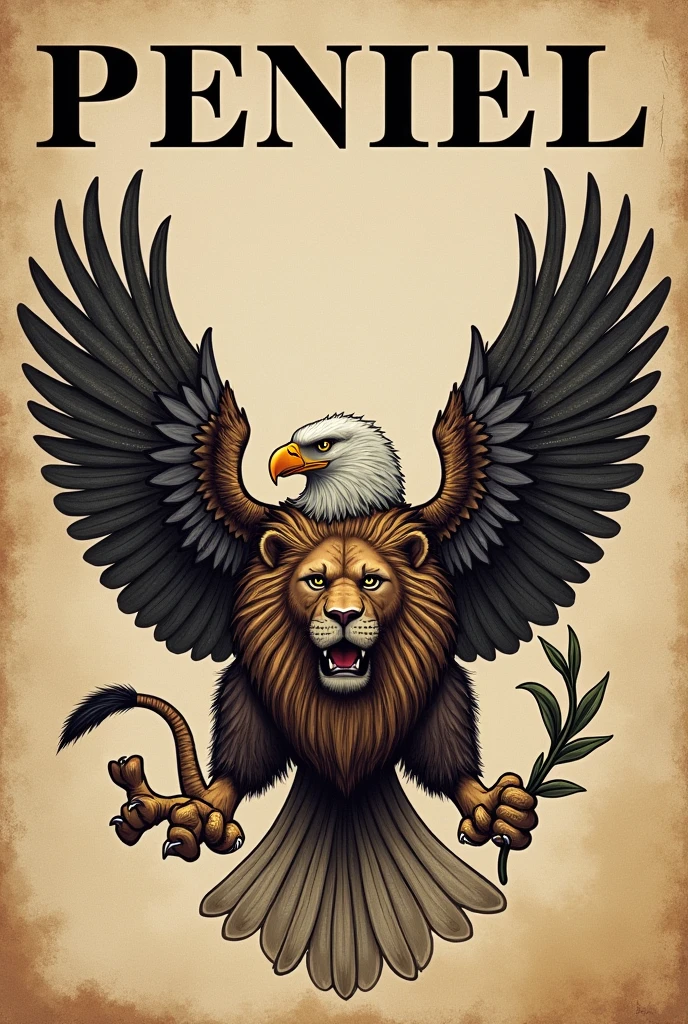 Eagle and lion facing each other and the word PENIEL written above