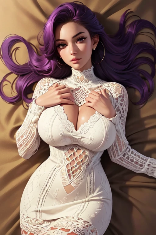 (ultra realistic,32k, masterpiece:1.2),(highly detailed skin:1.1), 8k hd, DSLR, high quality, (thick\lips\), 1 girl,purple hair, long hair,(aquamarine eyes:0.9) ,Tuscan tan crochet bodycon dress, neckline, , huge chest, (looking at viewer, seductive and flirtatious look, lying, from above:1.1),, ,(dynamic lighting:1.1), blank background