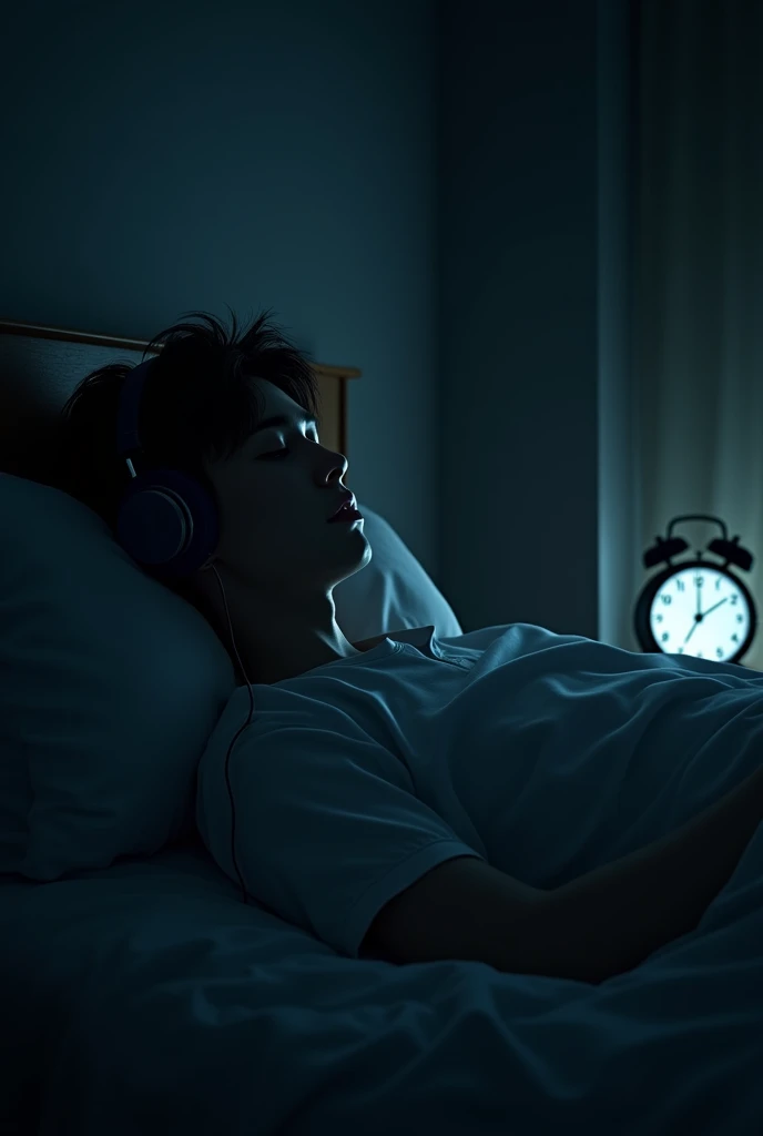 It all starts with the protagonist lying in bed in a dark room with headphones listening to music with his eyes closed.. He listens to the alarm clock.
