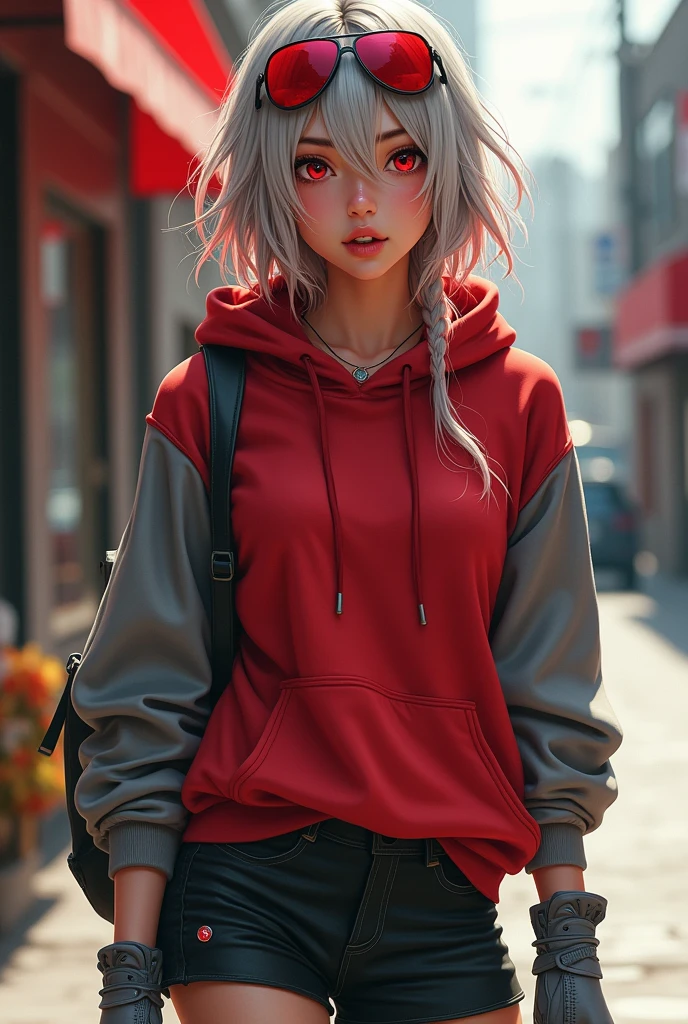 creates a beautiful tanned girl with thin hair of tousled red and silver beach waves,
with a crimson red and gray hoodie with a black skirt that reaches to the knees, with gray sports shoes, she has intense opaque red eyes, she has a mole under her left eye, she also has red aviator glasses on her head as well. He has gray leather gloves with 1 gems embedded in each hand