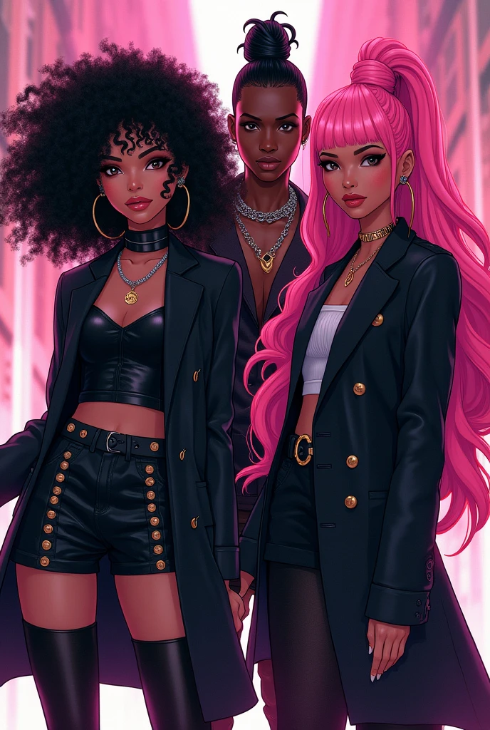 Two E-girls with black coats and curly black Power hair, and another e-girl with a black coat, straight hair with pink bangs, a little towards red, with the rest of her hair black, and a dark-skinned man with short hair shaved on the side, with a thick cord, with a black blouse