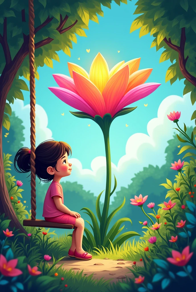 Cartoon style drawing involving Back on his swing in the garden, the child woman watches the flower with the rainbow color now radiant in its place. she smiles, feeling at peace, while the surrounding garden seems to vibrate with the colors of the flower. WITH THE FUCKING RAINBOW FLOWER