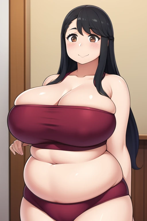 Plump year 21 big breasts black hair brown eyes happy longer hair smile blushing deredere