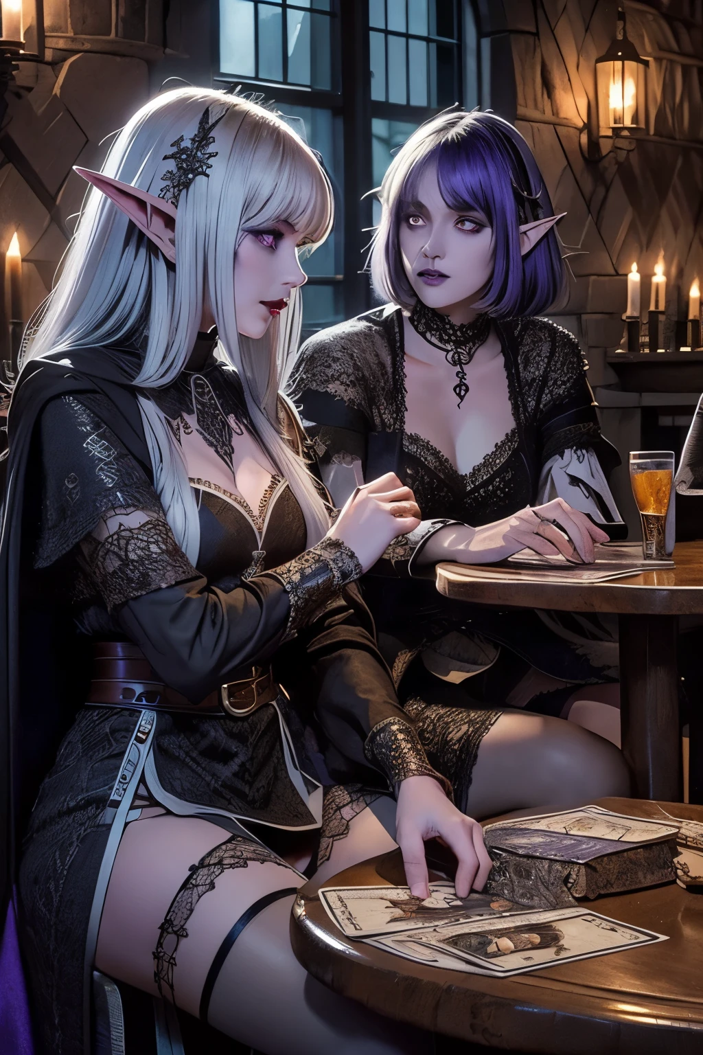 (Ultra-detailed face, looking away, Fantasy Illustration with Gothic, Ukiyo-e, Comic Art, Rich colors), 
BREAK 
(This is a world where medieval Europe meets the world of Eberron. Customers are relaxing, drinking, and eating in bars. In a corner of the bar, some customers are enjoying a card game using tarot cards.), 
BREAK 
(DarkElves: A middle-aged dark elf woman with silver color hair, blunt bangs, very long disheveled hair and dark purple color skin, lavender color eyes), 
BREAK 
(DarkElves: The dark elf sisters are wearing pale orange smock dresses with lacy geometric patterns and knee-high laced sandals.), 
BREAK 
(The dark elf sisters sit facing each other at a table in the tavern, playing "Le Papayou" with tarot cards. They both look serious, cheekbones and looking at their cards.)