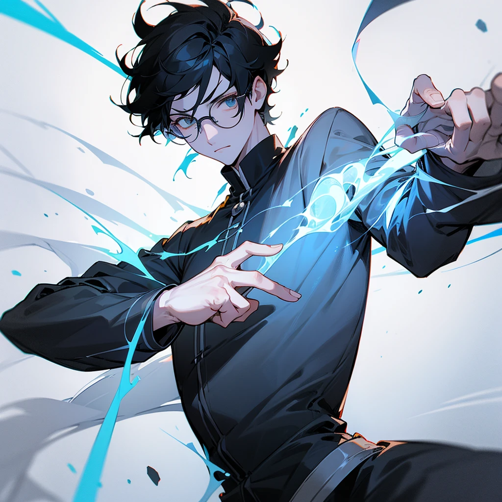 make a boy with powers and glasses and black hair, white beauty color, and without shading and facing forward with your hand on your face