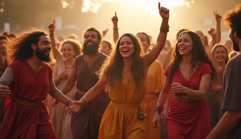 A scene of celebration of the Hebrew people after liberation, with dances and songs. The atmosphere is festive, with vibrant colors and expressions of joy.