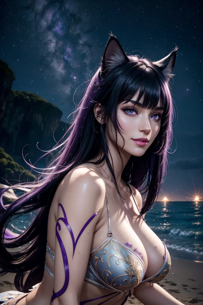 I want to be a powerful figure behind the scenes！,delta,Black purple hair,long hair,Cat ear,Aligned bangs,Beautiful purple eyes,Beautiful white skin,Photorealistic,Ultra HD,high quality,masterpiece,Digital SLR,Detailed details,Intricate details,Anatomical basis,Depicted in detail,A detailed face,Realistic skin texture,Vivid details,Perfect Anatomy,Perfect Anatomy,Anatomically correct hand,Anatomically correct fingers,Super Detail,Complex 3D rendering,Sexy pose,tail,Wet,Beautiful night sky,A beach with a beautiful starry sky,Fantasy worldview,Picturesque,Pink Lips,smile,