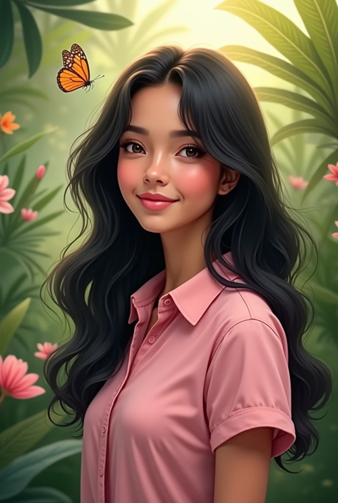 A Brazilian woman, black hair, white color, clear eyes in a tropical garden, wearing a closed pink shirt, no cleavage, and the natural flowers, showing her beauty and caring personality, with butterfly