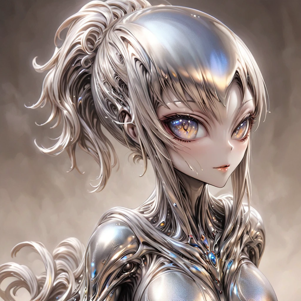 ((Highest quality)), ((masterpiece)), (detailed), （Perfect Face）、The woman is Yuuki Asuna, a completely metallic lifeform with metallic silver skin and face, and light brown metallic medium-long hair.、The woman is a metallic lifeform whose entire body and face are made of metal.、The woman is with a male metallic lifeform.