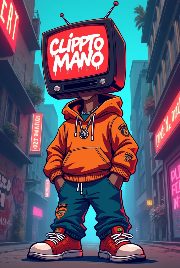 cartoon person, He dresses like a rapper from the USA and has a TV screen on his head that says Clipptomano as a graffiti