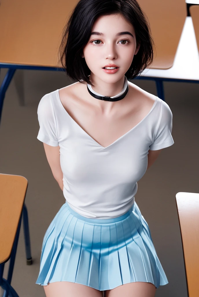 NSFW、middle School girls、One person、Japanese、Black Haired Beautiful Girl、Bobcut、Beautiful Skin、Baby Face、Crisp eyes、Naughty lips、Beautiful teeth alignment、Short-sleeved uniform、White blouse、Blouse with collar、Collarbone in full view、small breasts with bulge、No bra、Pleated skirt、The skirt is light blue、Sexy thighs、Inner thighs、Hide your arms behind your back、Slender body、Drenched in sweat、The blouse is see-through、Looking up、I'm looking at this、Sit on a chair、classroom、Watching from above