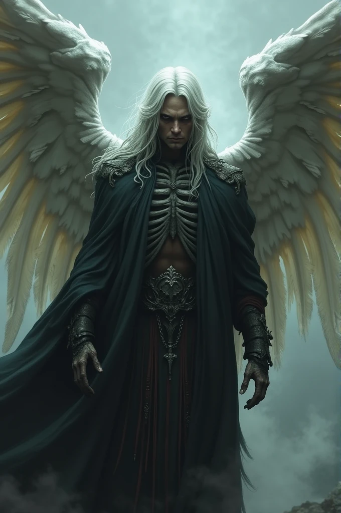 An angel in clergyman's clothing, with ghostly wings made of bones, with black eyes, brown skin and silver hair