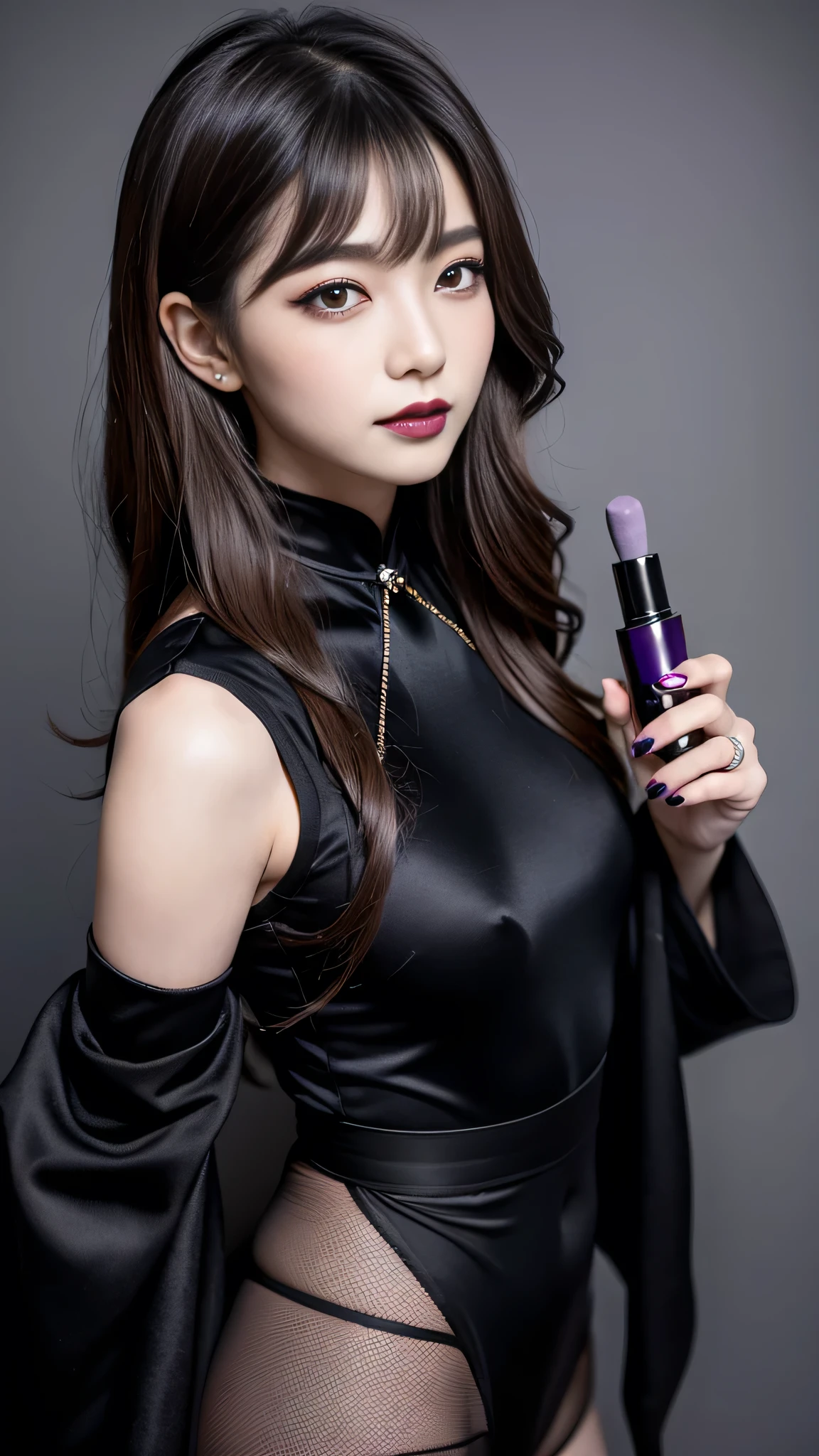 best quality、ultra-detailed、8k、Japanese、Japanese、Seductive beauty、seductive adult woman、Pretty Woman、cool girl、smirk、Wicked Smile、Villainess、brainwash makeup、Brainwashed、brainwash、Fallen into evil、Evil look、evil、Brown hair、wavy hair、swept bangs、dark makeup、piercing eyes、hollow eyes,half-closed eyes、Hollow Eyes、purple Eyeshadow、black lipstick、black lipglos、Purple Eyeshadow、black lipstick、black lip gloss、Dark Makeup、smirk、Whisper in my ear、Evil look、long black cheongsam、Wide sleeves、pantyhose、night、inside darkroom、Kiss、I have lipstick、Are standing、Look、Offer、shoot from below、Connected by many cords