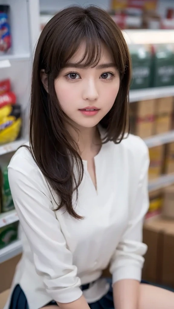 One Girl, (beautiful girl, Delicate girl:1.3), (:1.3),
break, (Uniform costumes:1.3),
break, (Sitting in the supermarket:1.2),
break, Very beautiful eyes, (Symmetrical eyes:1.3),
break, Small breasts, Brown eyes, Parted bangs, Brown Hair, (Upper teeth, The best smile:0.2),
break, (Eye and facial details:1.0),
break, (masterpiece, Highest quality, Very detailed, Detailed face, 8k)