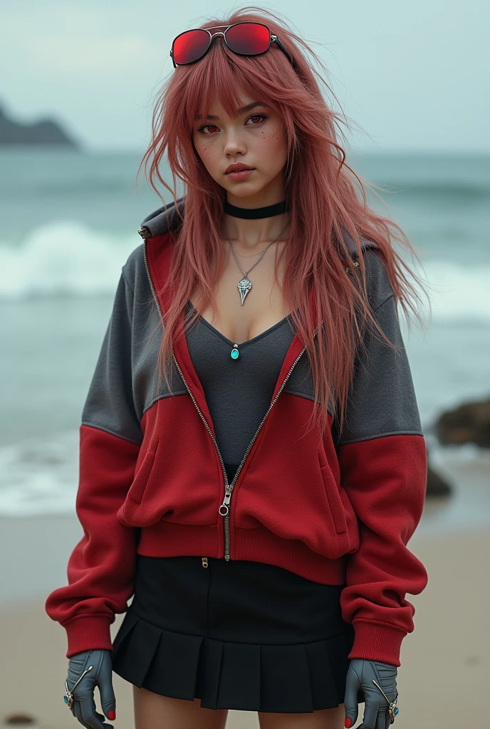 creates a beautiful tanned girl with thin hair of tousled red and silver beach waves,
with a crimson red and gray hoodie with a black skirt that reaches to the knees, with gray sports shoes, she has intense opaque red eyes, she has a mole under her left eye, she also has red aviator glasses on her head as well. He has gray leather gloves with 1 gems embedded in each hand