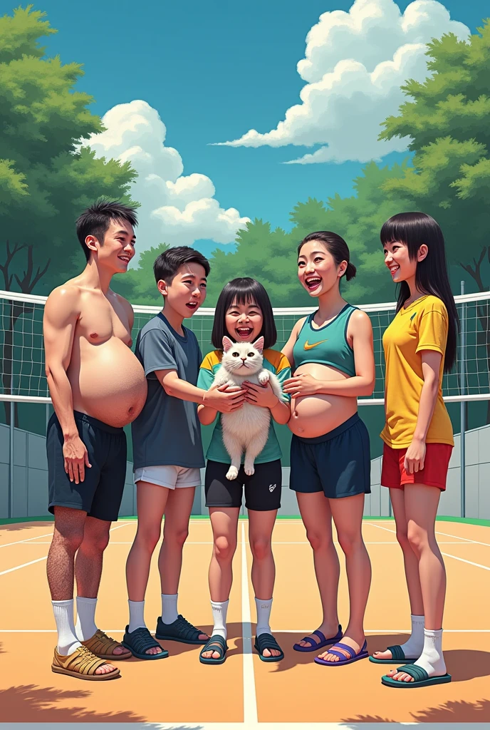 
on a volleyball court, several men hold a cat. The first person has a disproportionately large mouth. Another has exaggeratedly large feet. A third person has an extremely thin arm.. Another has a bruised knee, with a visible bandage. A person has very straight hair. Another has exaggeratedly long eyelashes. A person has a visibly deformed belly. A professional person in volleyball. No fundo, there is a person with short hair, but with a small fringe, wearing socks with flip flops.