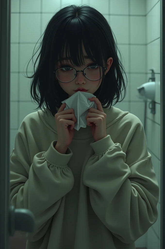 17 year old girl wearing glasses and oversized sweatshirt with short skirt crying inside a bathroom