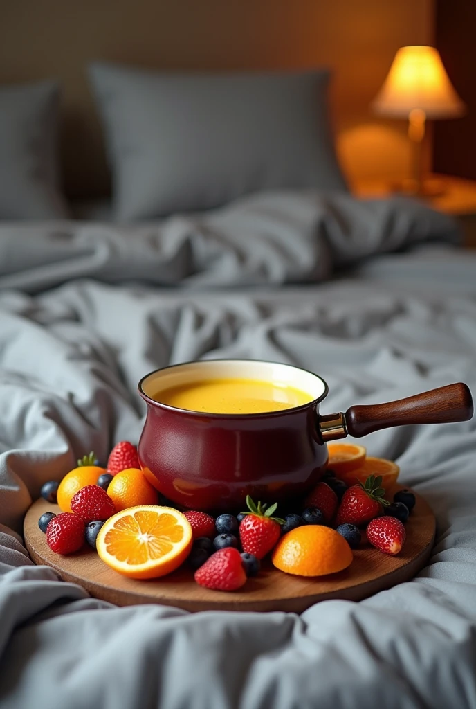 Fruit fondue on a bed with gray sheets taken from a cell phone Less realistic