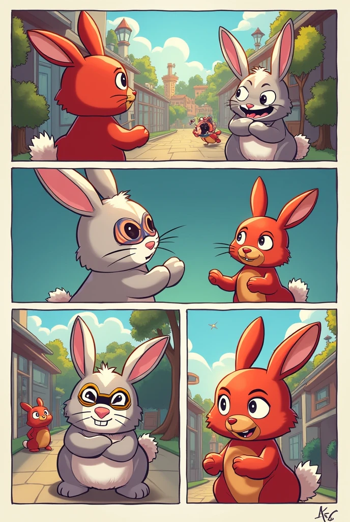 Make a comic page with Cyclops, Gambit and Jinn Gray from the X-Men but as adorable rabbits