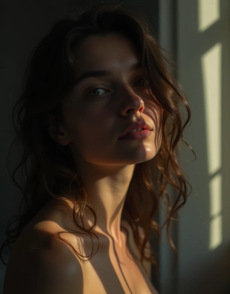 I am the lines of her and her body in blur but her beautiful and defined face shows her internal sadness and of her different faces that exist above her of her different lives only a figure of her naked body in blur is seen and the expression of her face that sees the pain with that light of nostalgia and shadows with volumes , It is hope come true, her entire body is seen in blur, the message I want to convey is that there is tranquility for her. , 24k artwork uses volume in shadows uses the rules of composition uses the rules of cinema uses its colors rule of thirds and all the rules of photography uses the compositions of cinema shadows with volume and uses the latest image creation techniques photoshop rendering creates deep shadows highlighting the volume of 3d reality
