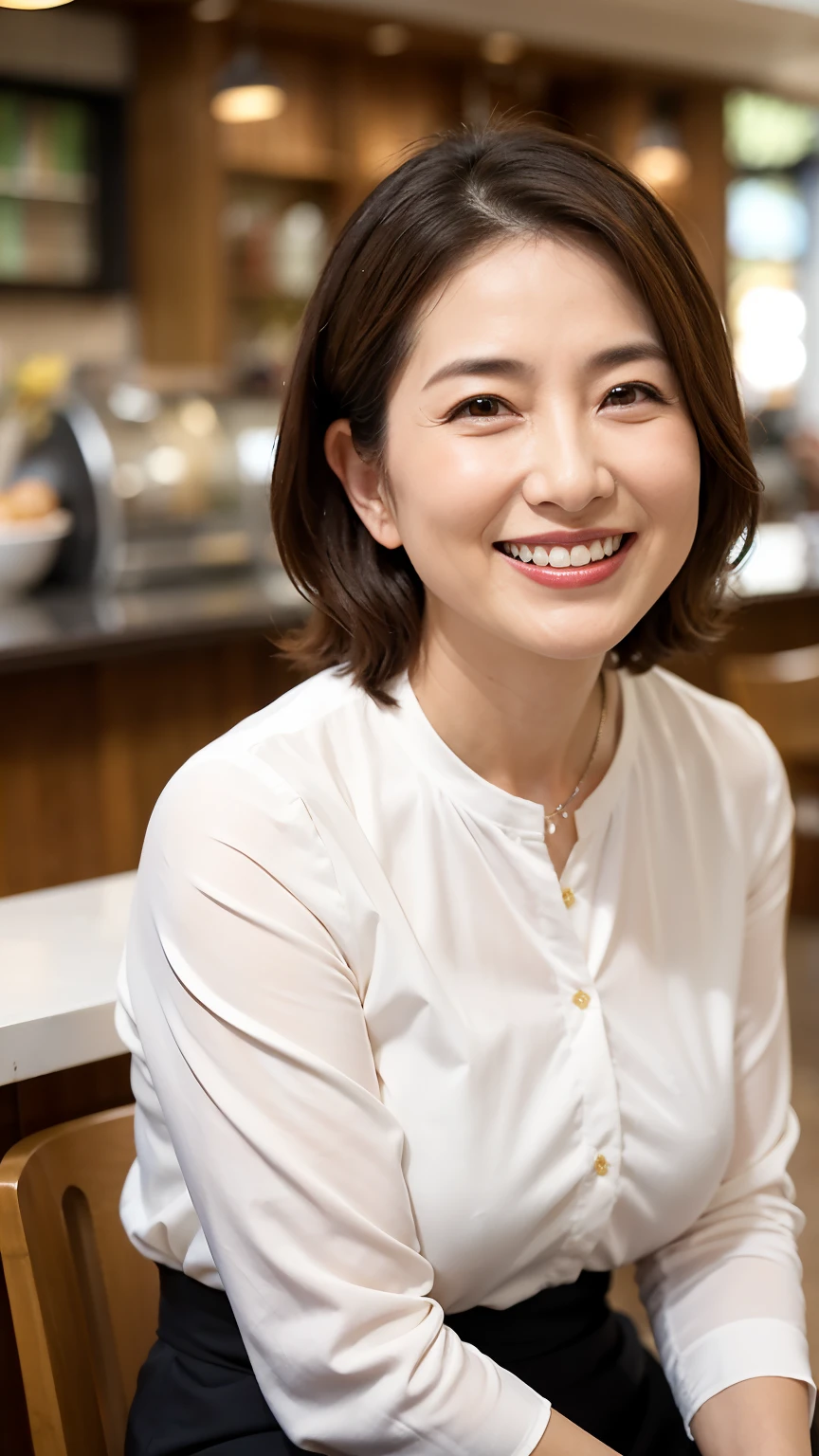 photoRealstic, high-detail, 28 year old, femele, look at viewr, Brown hair, Medium bob, Black collared shirt, cleavage of the breast, Afternoon coffee shop, I'm drinking coffee, Smiling smile