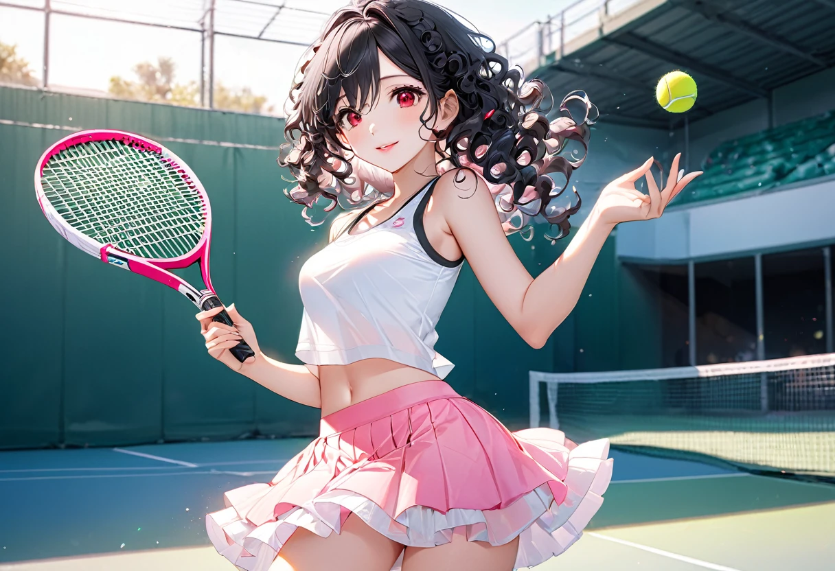 (Tennis Player style) (double exposure pastel color), (hand holding a detailed Tennis racket), (solo:2, 15 yo) (beautiful curly:1.3) (beautiful pastel black hair long hair) (immensely beautiful princess girl) (detailed cute red eyes) (best smile, glossy lip) (medium tits), in a white attractive tank top, Layered mini skirt, sexy pink white Underskirt, break, in the beautiful Tennis court, BREAK, perfect anatomy, masterpiece, best quality, 16k, beautiful detailed grow, daydreaming expression.