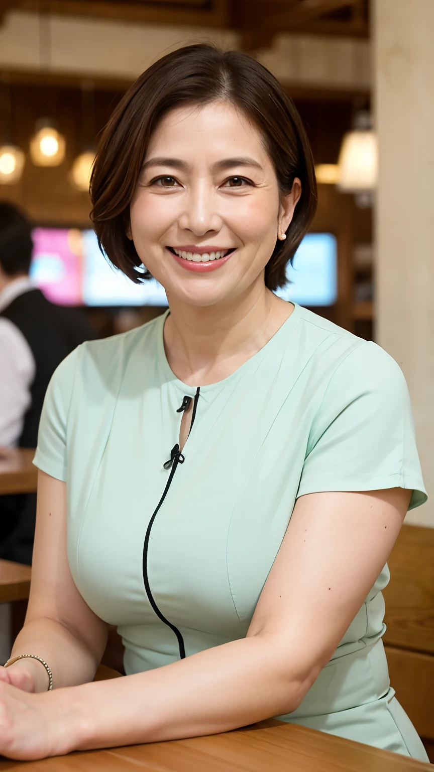 8k wallpaper, masterpiece, Highest quality, Very detailed, One Mature Woman, 50 years old, Become very clear, Wearing a spring-like shirt, Skin dents, Captivating smile, Looking at the audience, , Plump, Curvaceous, Attractive face, Smiling with teeth showing, I was happy, sitting in a cafe, Background Blur