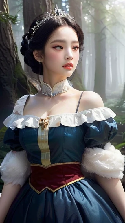 A close-up of a woman in a dress in a forest, Beautiful character painting, portrait of snow White, pale snow White skin, 4k high definition. snow White hair, snow White, Beautiful lady, beautiful female princess, guweiz style artwork, realistic disney photo, Beautiful lady de fantasía, ((a beautiful fantasy empress)), disney art style , jisoo from blackpink, popular south korean makeup, quality detailed ,(beautiful makeup :1.2), wide hips, Big, Big ass, (best quality, 8k, masterpiece: 1.3), clear focus: 1.2, Perfect body beauty: 1.4, strong abs, Very detailed face and skin texture. , detailed eyes, double eyelids, (long hair), Having very marked curves, with greater volume in ((hips and breasts)), which makes the waist look much smaller ((wasp waist)).(masterpiece, top quality, Best Quality, official art, depth of field, Beauty: 1.2), pinnacle rendering, Realistic representation, (1 girl)