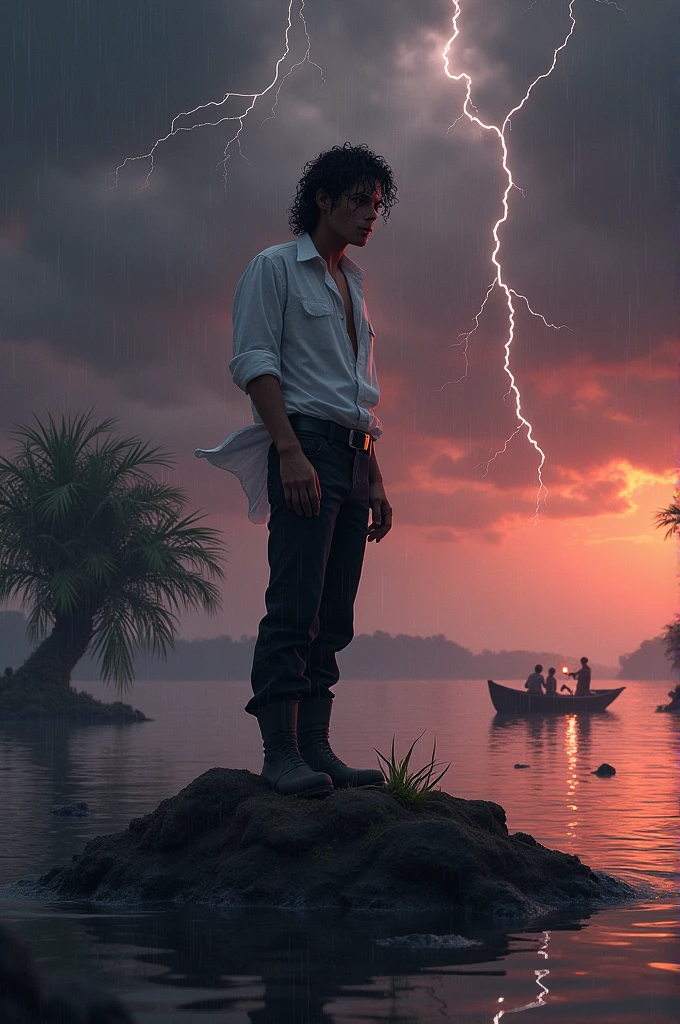 The apocalyptic sky imposes itself with shades of dark purple, black and red, as lightning rips through the turbulent clouds. In the center of the scene, Michael Jackson is standing on a small mound of land, partially surrounded by dark waters. He wears a loose white shirt, which contrasts with the black pants and dark boots, and her long curly hair is wet, sticking to the face because of the incessant rain.Michael has a serious and determined expression, eyes full of emotion, looking into the distance as if seeking strength in the midst of chaos. Your right hand is raised, pointing to the stormy sky, while the left one rests next to his body, partially closed. The wind blows hard, making the shirt flutter, almost as if he were a lone figure resisting the force of nature.Ao fundo, a partially submerged tree bent by the wind seems to echo the struggle between hope and despair. The waters reflect the apocalyptic tones of the sky, creating an atmosphere of impending catastrophe, as a small group of people in a makeshift boat watch Michael, their candles flickering like little sparks of hope amidst the darkness.
