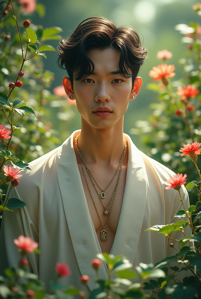 A cute Korean man, with several necklaces on the neck, Garden 