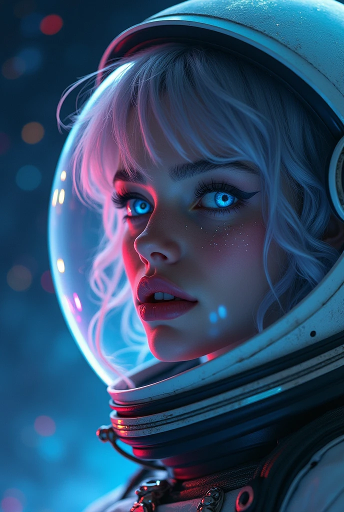 (Close-up of a better masterpiece: 1.5) 0.9], (Space and astronauts: 1.2) (Disheveled silver hair: 1.1) (Xanthochromia heterochromia and blue eyes: 1.2) (space helmet: 1.0) (colorful stars in the eyes: 1.0) (A radiant glow: 1.1) (thick lips: 0.9)