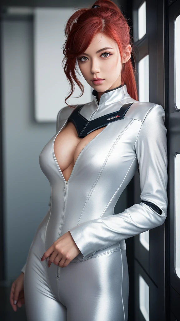 High resolution,woman,Welsh Beauty,slim,Small breasts,Red hair,ponytail,Green Eyes,No makeup, White skin,Age 27,Long face,High nose,In formal attire,uniform,Metallic space suit,Model pose.universe船航空母艦, Futuristic, sf, universe, war