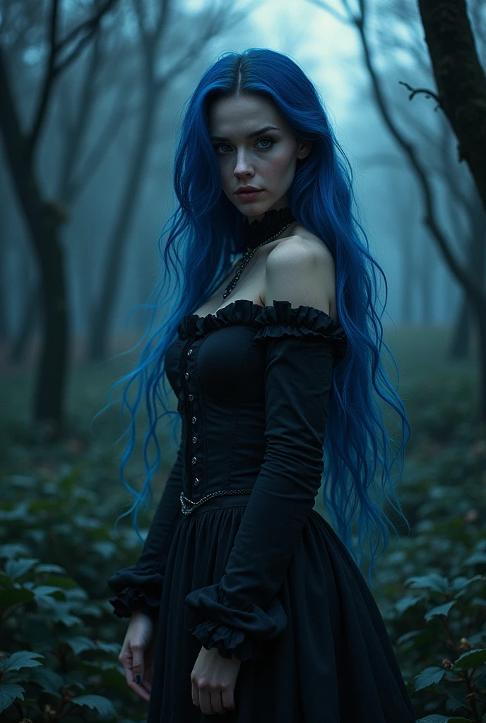 (photorealism:1.2), beautiful woman, forest, goth dress, long blue hair, dark lighting, plants background, moonlight, relaxed pose, realistic, intricate details, cold colors, cinematic lighting, dramatic atmosphere, ethereal, mystical, surreal, fantasy, enchanted, elegant, captivating