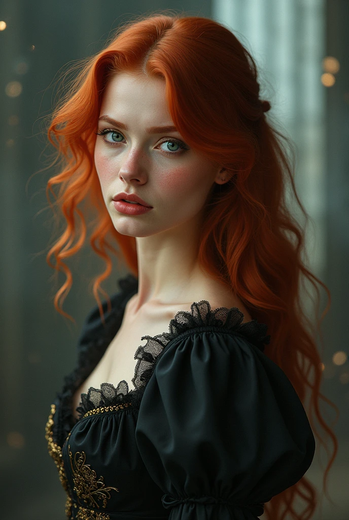 (solo, full body photo:1.3), (action packed:1.3), (haze, fog, mist:1.3), chiaroscuro, best quality, photorealistic, 1woman, (cute), (24yo:1.2), redhead, long ginger hair highly detailed, 1700'S, digital photography, art by artgerm and ruan jia and greg rutkowski surreal painting gold butterfly filigree, broken glass, (masterpiece, sidelighting, finely detailed Fashionable eyes: 1.2) (perfect oval large eyes that gazes at the viewer), beautiful detailed face, blue gorgeous perfect eyes, (blonde hair ponytail), (attractive young woman:1.3), (thick amazing hair), (seductive:1.1), (blushing:1.1)