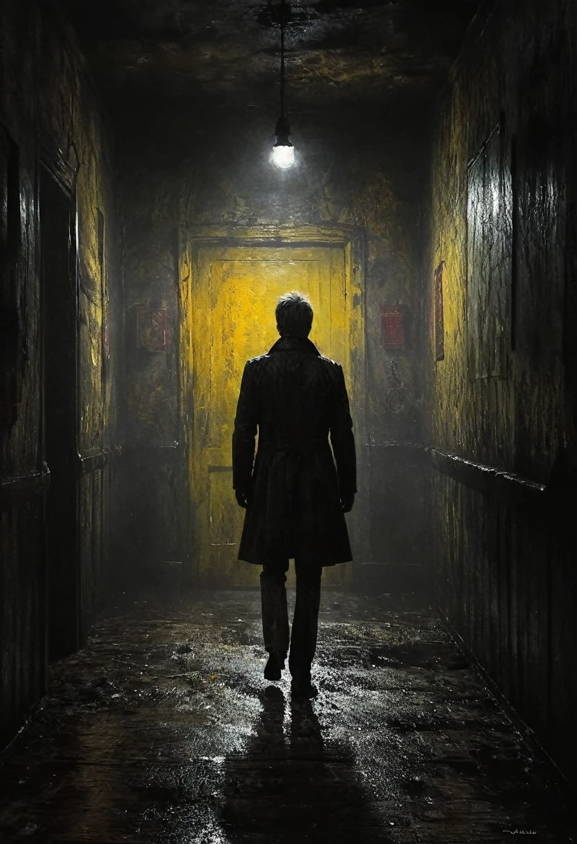 Dark Fantasy. Silent Hill. Beautiful cinematic impressionistic painting, gothic, minimalism, psychedelic Dark creepy horror, something out of this world, monster with a red and yellow hellish look, in the style of Pino Daeni, Andrew Wyeth. Ashley Wood. Jack Vettriano. Ralph Blakelock,  Lucian Freud