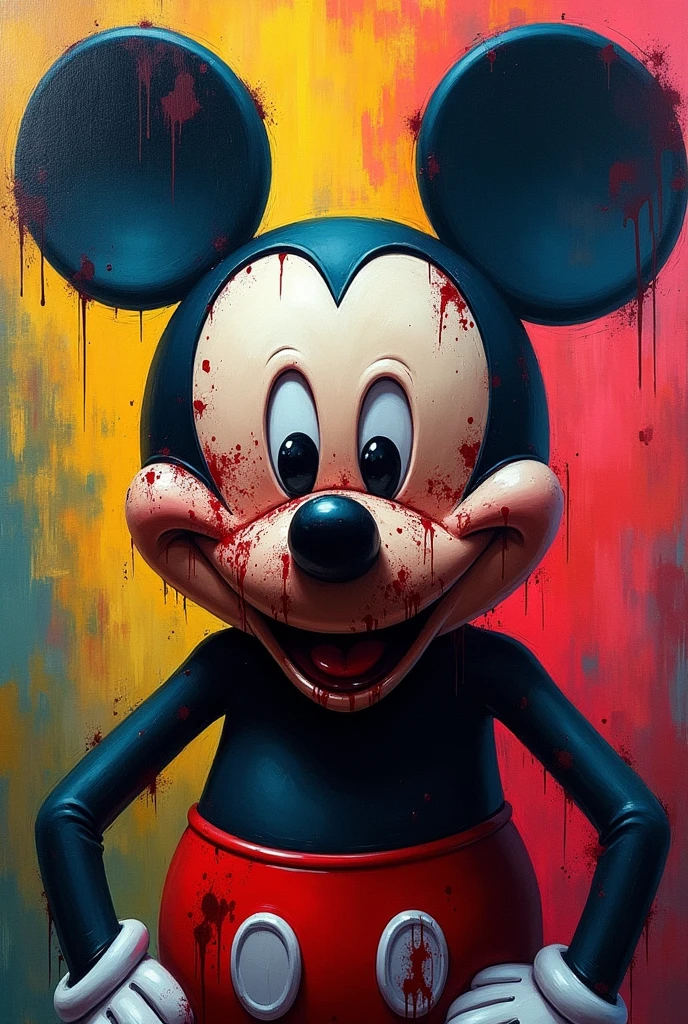 Mickey Mouse his face,bloody,gangsta art,beautiful bright colors artistically painted on a canvas