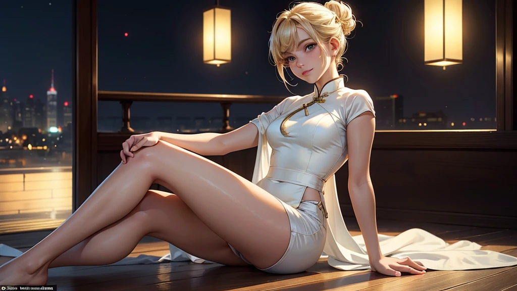 Pose: 1solo girl, young girl, perfect body seated on the floor with legs extended or slightly bent, leaning back on her arms or gently resting her hands on the floor.
Expression: Serene and content, with a soft, peaceful smile or a relaxed, closed-eye expression.
Attire: a white and gold short cheongsam
Hair: blonde bun hairstyle 
Makeup: Natural and glowing, with soft tones that enhance her features without being overpowering.
Background: , cityscape at night 
Lighting: Soft, natural light, preferably during golden hour, to create a warm glow and emphasize the stretch and movement.
Accessories: Minimal or none, allowing the focus to remain on the pose and the sense of  it conveys.
Props: Optional, such as a light fabric or shawl that flows with the stretch, adding movement to the image.
Mood: Calm, free, and rejuvenated