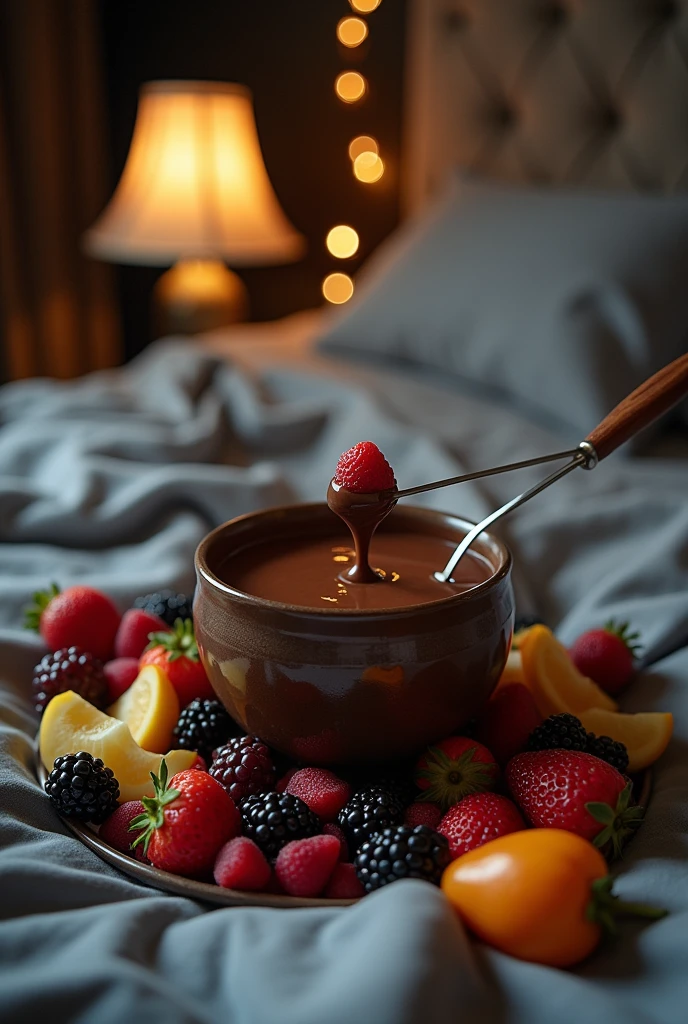Fruit fondue on a bed with gray sheets taken from a cell phone at night Less realistic