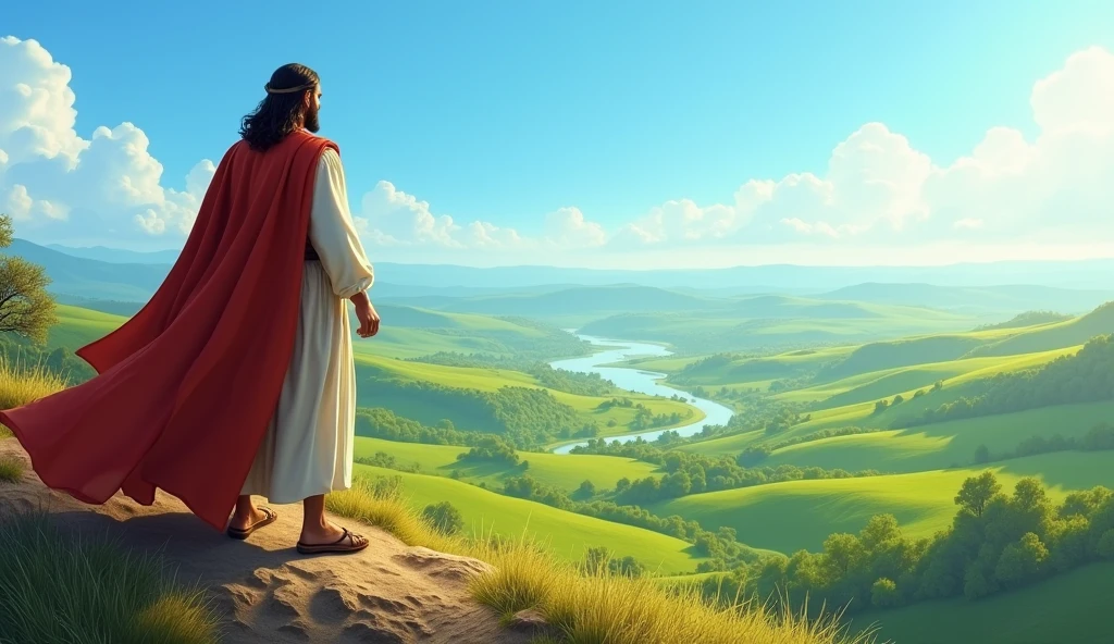 Moses looking out over the Promised Land from a hilltop, with a lush green horizon. The sky is blue and sunny, conveying a sense of accomplishment and anticipation