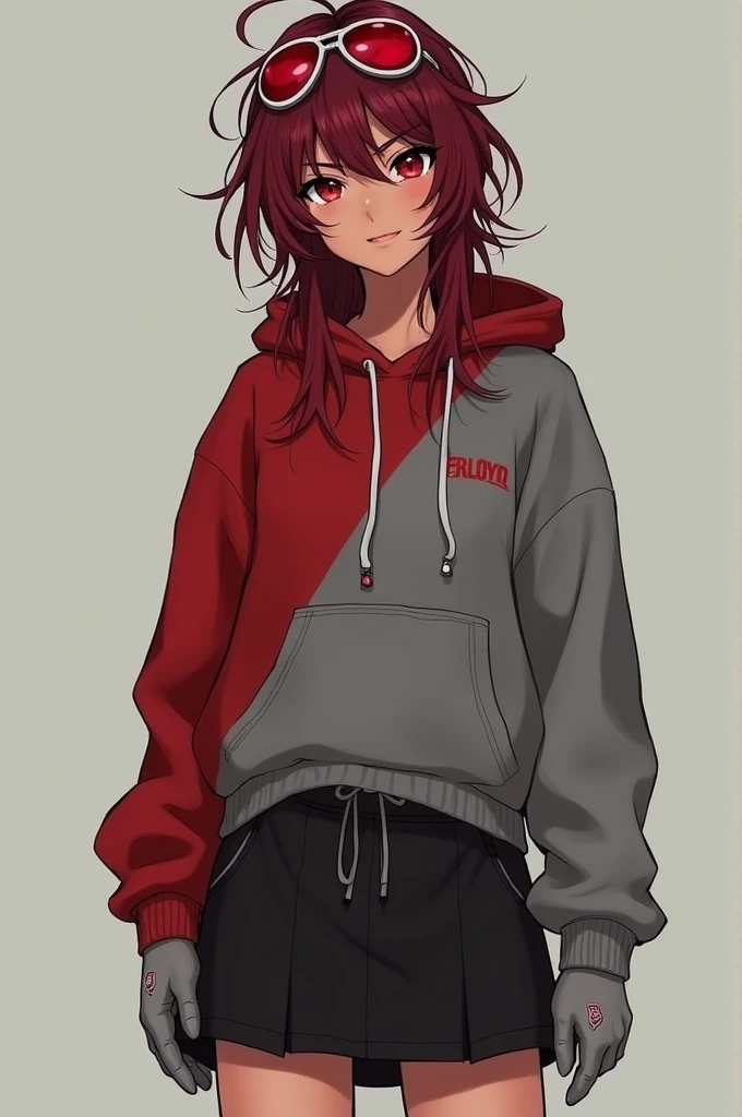 creates a beautiful tanned girl with thin hair styled tousled red and silver beach waves,
with a crimson red and gray hoodie with a black skirt that reaches to the knees, with gray sports shoes, she has intense opaque red eyes, she has a mole under her left eye, she also has red aviator glasses on her head as well. He has gray leather gloves with 1 gems embedded in each hand