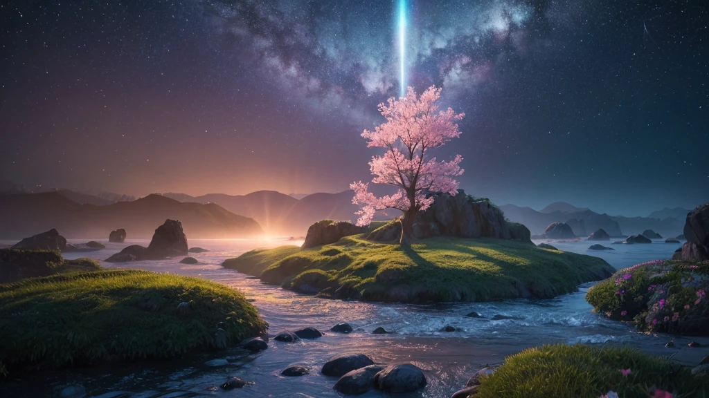 Miniature landscape,Miniature models，fantasy garden，Aesthetic healing，Pink overall，Beautiful and poetic，heart、広大な3d宇宙で，These clouds are fluffy and soft，As if it had fallen from the sky，Each flower has a delicate texture and slight elasticity、The surrounding starry sky，Stars are not ordinary sharp points of light，but、Each one is round and rich.、A ball of light woven with soft light threads，Gives off a soft, warm glow，When the wind blows，The folds of silk flow naturally like ripples in water.，Adds a touch of warmth and romance、Studio Lighting，3d, Realistic lighting，Beautiful light，Edge Glow，Volumetric Light，Rim Light，Bioluminescence，Perfect composition，masterpiece，8k