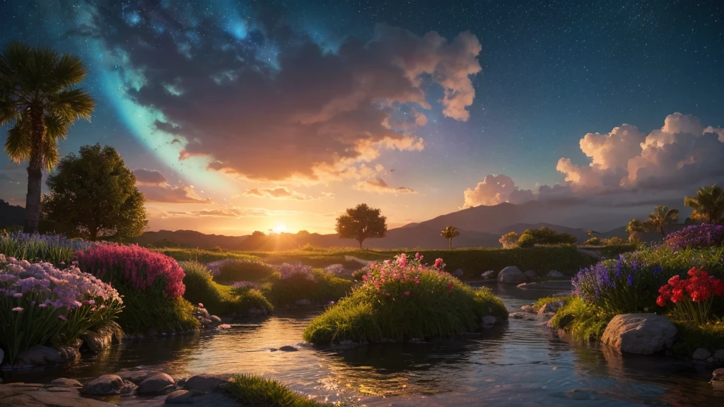 Miniature landscape,Miniature models,fantasy garden,Aesthetic healing,Pink overall,Beautiful and poetic,heart、広大な3d宇宙で,These clouds are fluffy and soft,As if it had fallen from the sky,Each flower has a delicate texture and slight elasticity、The surrounding starry sky,Stars are not ordinary sharp points of light,but、Each one is round and rich.、A ball of light woven with soft light threads,Gives off a soft, warm glow,When the wind blows,The folds of silk flow naturally like ripples in water.,Adds a touch of warmth and romance、Studio Lighting,3d, Realistic lighting,Beautiful light,Edge Glow,Volumetric Light,Rim Light,Bioluminescence,Perfect composition,masterpiece,8k
