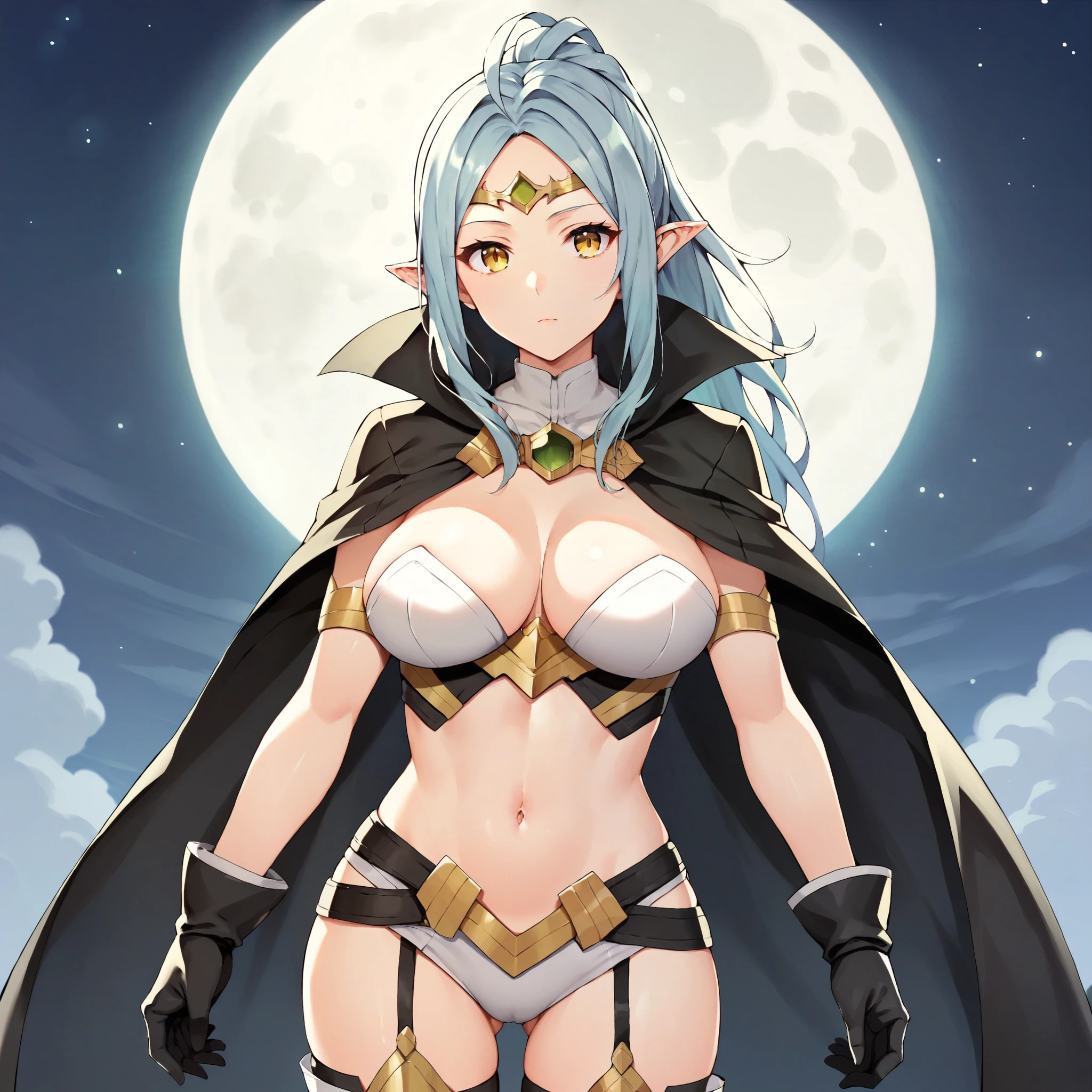 score_9, score_8_up, score_7_up, score_6_up, BREAK source_anime, best quality, masterpiece, 1girl, solo, nowi feh, white clothing, two-piece bodysuit, silvery shining bodysuit, midriff, long blue hair, yellow-eyes, circlet, black cape, big breasts, black gloves, white multiple belts, garter straps, thighhighs, black thigh boots, expressionless, looking at viewer, night sky, post-apocalypse, crumbling city on background, late night, moon, dark alleyway, detailed face, upper-body, 