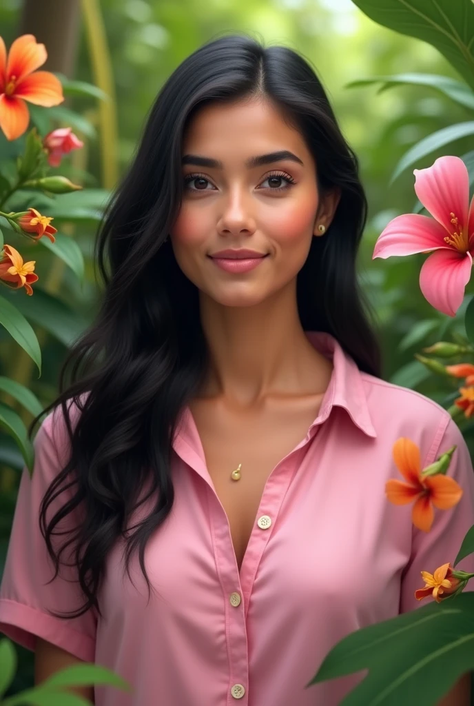 A Brazilian woman, 30years ,black hair, white color, clear eyes in a tropical garden, wearing a closed pink shirt, no cleavage, and the natural flowers, showing her beauty and caring personality