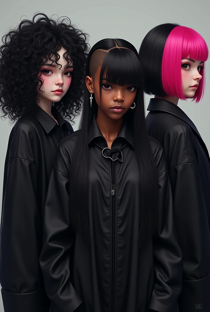 E-girl with black Power curly hair with black coat with eyeliner E-girl with black coat with black Power curly hair, and another e-girl with a black coat, straight hair with pink bangs, a little towards red, with the rest of her hair black, and a dark-skinned man with short hair shaved on the side, with a thick cord, with a black blouse