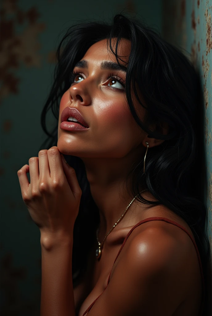 a beautiful detailed woman, mia khalifa, hand raised, head tilted up with pained expression, full body visible, dressed, sweaty, breasts covered, (best quality,4k,8k,highres,masterpiece:1.2),ultra-detailed,(realistic,photorealistic,photo-realistic:1.37),cinematic lighting,dramatic colors,intricate details,photorealistic portrait,dramatic lighting,highly detailed facial features,beautiful detailed eyes,beautiful detailed lips,extremely detailed eyes and face,longeyelashes