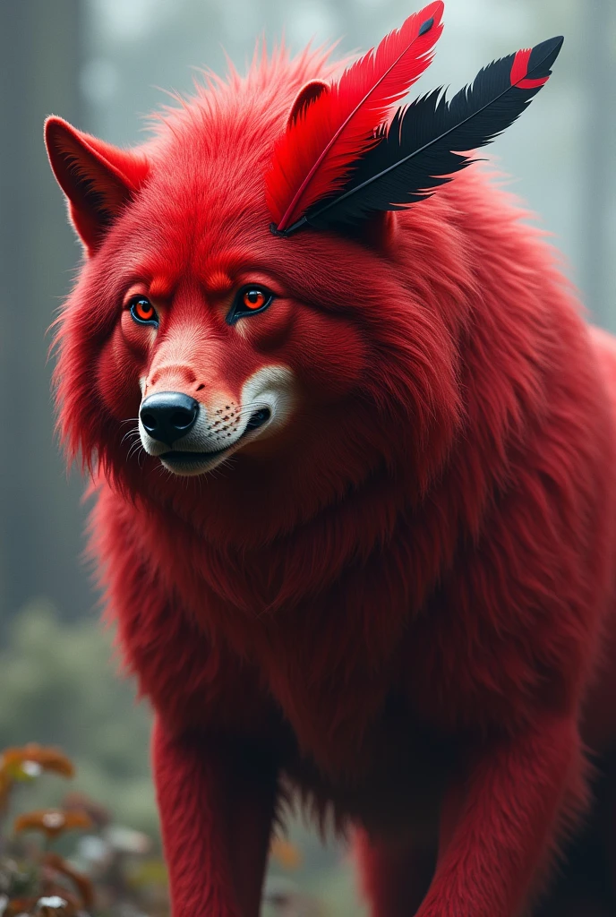 Wolf tail red fur with red eyes and a red feather and a black feather on the right side of the head and 4 meters tall 